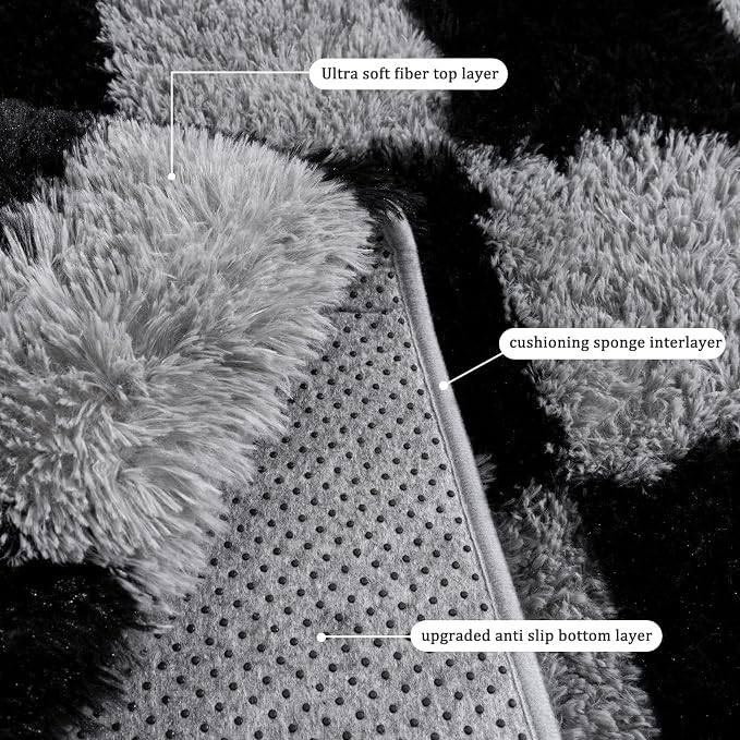 Checkered Rug for Living Room 6x9, Ultra Fluffy Fuzzy Shag Black and Grey Large Area Rug for Bedroom, Modern Plush Soft Upgrade Non-Slip Carpet for Kids Girls and Boys Room Dorm Home Decor