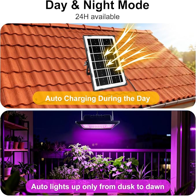 Loscarol Solar Grow Lights, Rechargeable Grow Light, Full Spectrum Plant Light for Indoor Outdoor Plants with Timer, Solar Plant Lights for Greenhouse with Remote Control and 16.4ft Cord/USB Charging