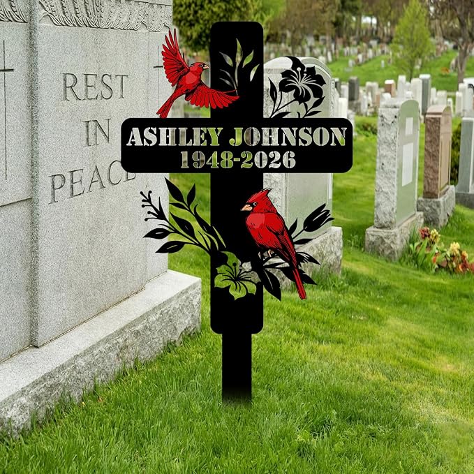Personalized Cardinal Garden Sign with Stakes, Custom Name Sign, Yard Decor Outdoor, Memorial Gift for Mom, Garden Plaque Sympathy Gifts, loss loved Ones Cross Sign