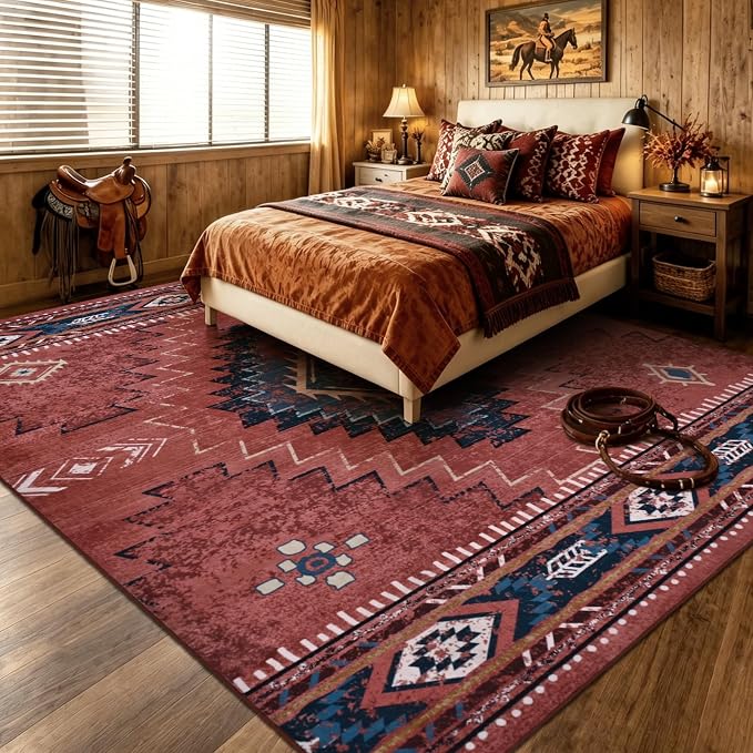 Yinhua Western 8x10 Rugs for Living Room, Aztec Washable Area Rug Low-Pile | Soft Rust Large Area Rug Non-Slip with Rubber Backing, Fall Non-Shedding Carpet for Office Nursery