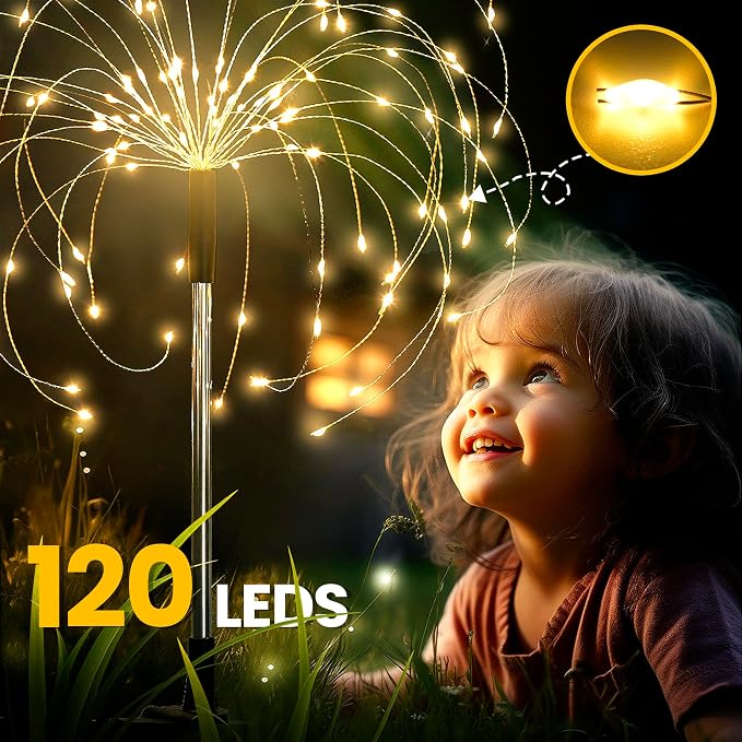 GIGALUMI Garden Decor Outdoor Lights 120LED 8Pack, Solar Garden Lights Outside Fairy Firework Decorative,Solar Powered for Yard Pathway Flowerbed Planter Balcony Patio 4th of July Decor (Warm White