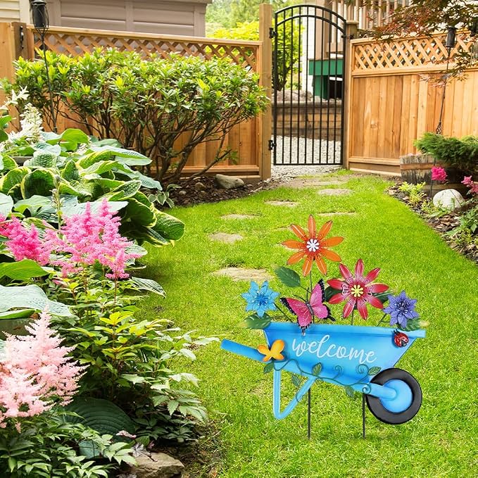 YEAHOME Garden Decor for Outside, 25” Decorative Garden Stakes Metal Wheelbarrow with Flowers for Spring Decor, Butterfly Cart Welcome Yard Signs for Outdoor Lawn Backyard Porch Pathway Decorations