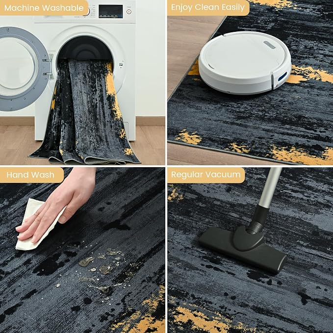 Toneed Washable 5x7 Area Rug with Non-Slip Backing for Living Room | Abstract Modern Rugs, Soft Low Pile Carpet for Bedroom Kitchen Dining Room Nursery Indoor Floor Office Home Decor, Black Gold