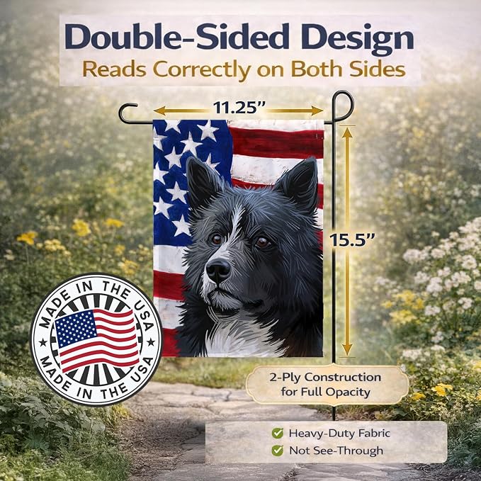 Caroline's Treasures CK6586GF Karelian Bear Dog American Flag Garden Flag Mailbox Flag Decorative Yard Flag Banner Outside Patio Artwork Yard Flower Beds, Garden Size, Multicolor