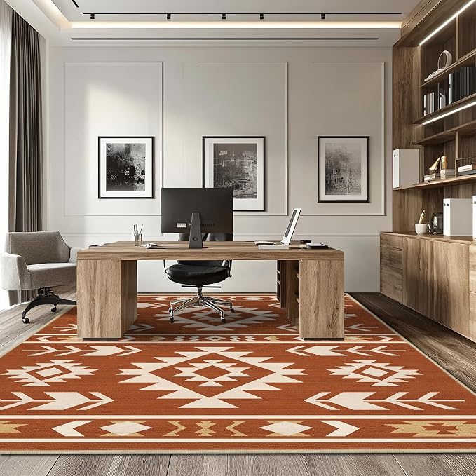 8x10 Area Rug for Living Room Western Rug Southwestern Aztec Tribal Rugs Southwest Navajo Machine Washable Non-Slip Printed Low-Pile Floor Carpet for Bedroom Dining Room Office, Yellow Brown