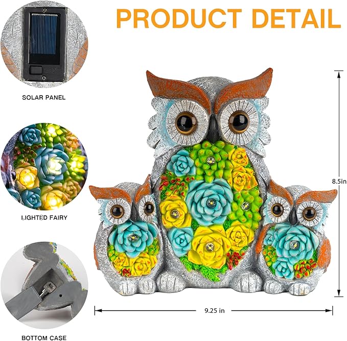 Solar Garden Statue Lights, Owl Family Decor with LED Succulent Flowers, Cute Solar Owl Figurines, Waterproof Resin Outdoor Yard Art for Patio Lawn Porch, Garden Gifts for Women Mom Grandma