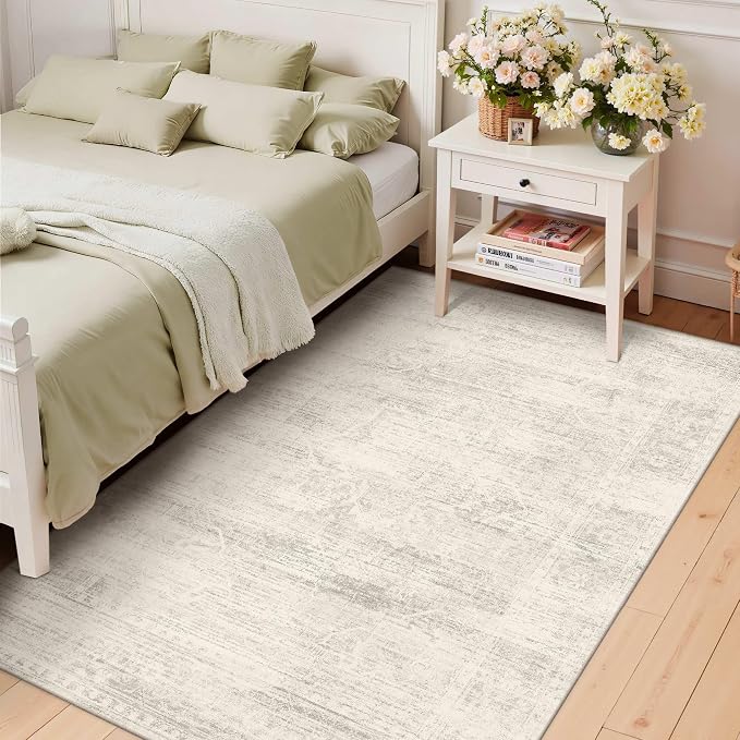 Latte&Fog Washable 3x5 Entryway Rug, Ivory Area Rugs for Living Room | Non Slip Low Pile Soft Floral Cute Carpet for Dining Kitchen Kids Playroom Nursery Guest Room Classroom Dorm Farmhouse Office
