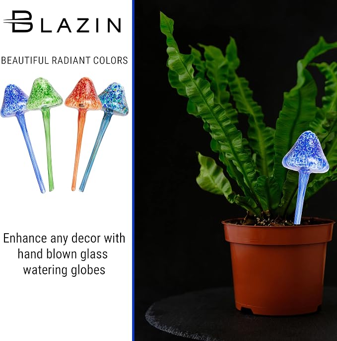 Blazin Indoor Plant Watering Globes | Mushroom Shape | Automatic Self Water Bulbs | Aqua Water Globe | Decorative Hand-Blown Glass | 4pc Deluxe Set (Large)