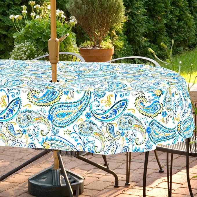 Outdoor Tablecloth with Umbrella Hole and Zipper, Oval Patio Table Covers for Spring/Summer, Machine Washable Outdoor Picnic Table Cloth (Paisley, 60" × 84" Oval)