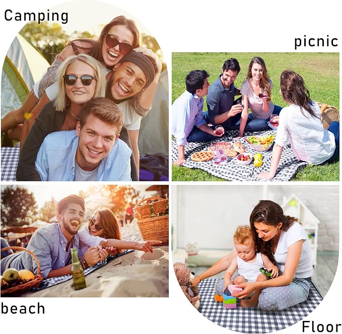 SAMSIER Outdoor Picnic Blankets Waterproof Foldable, Large Beach Blanket Sandproof, Gingham Picnic Mat Cute Washable Portable (Navy Blue, 80"×80")