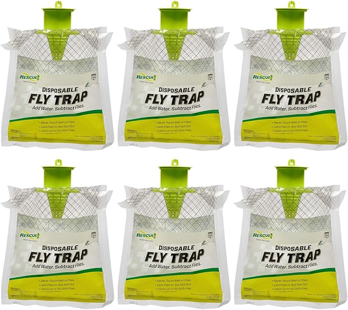 Rescue! Outdoor Disposable Fly Trap – Hanging Fly Catcher with Attractant Bait, Fly Bag for Patio, Yard, Trash & Farm Areas – Easy-to-Use Outdoor Fly Control - 6 Traps