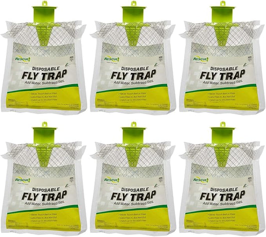 Rescue! Outdoor Disposable Fly Trap – Hanging Fly Catcher with Attractant Bait, Fly Bag for Patio, Yard, Trash & Farm Areas – Easy-to-Use Outdoor Fly Control - 6 Traps