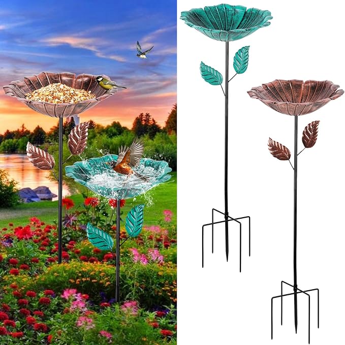 2 Pack Bird Baths for Outdoors, Vintage Metal Bird Bath for Outside, Hummingbird Bath with Five Stakes, Garden Flower Small Birdbath for Garden Decor, 31.3" H x 10.63" Dia (Bronze,Vintage Green)