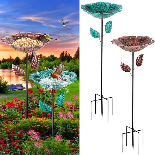 2 Pack Bird Baths for Outdoors, Vintage Metal Bird Bath for Outside, Hummingbird Bath with Five Stakes, Garden Flower Small Birdbath for Garden Decor, 31.3" H x 10.63" Dia (Bronze,Vintage Green)