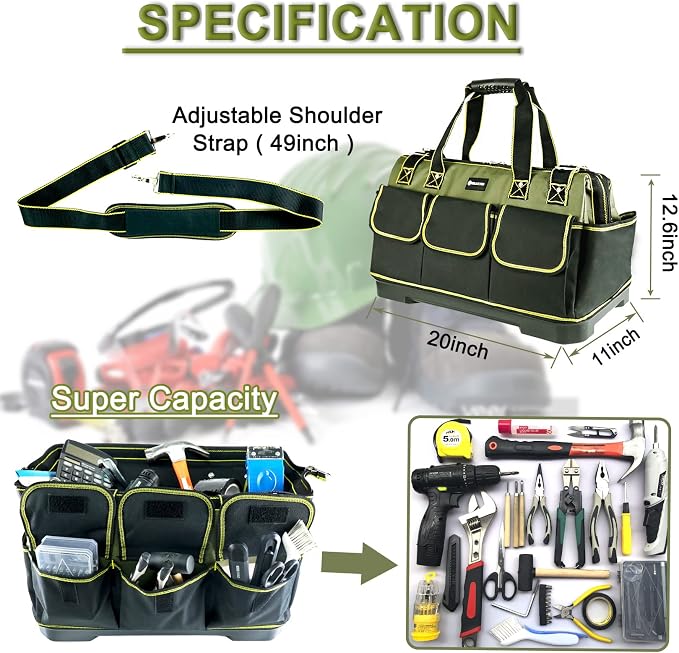 20inch Tool Bag for Men Women Heavy Duty with Waterproof Molded Base Large Tool Bag, Wide Mouth Tool Tote, Artisan Carpenter Electricians Tool Bags,Adjustable Shoulder Strap Organizer