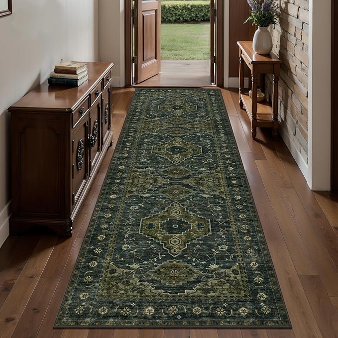 Vintage 2.6x10 Washable Hallway Runner Rug, Non Slip Runner Rug Green | Oriental Low Pile Long Rug Runner, Boho Print Carpet Runners for Hallway Kitchen Bedroom Entryway Living Room Olive Green