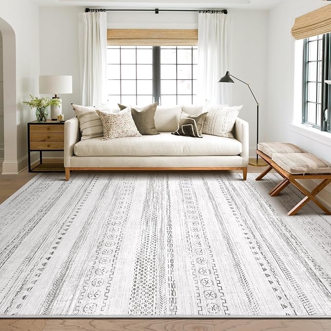 kakania Washable 9x12 Area Rug for Living Room: Boho Geometry Home Decor | Soft Stain Resistant, Low-Pile, Non-Slip, Pet & Kid Friendly, Thin Rug for Bedroom/Dining Room/Kids Dorm - Grey
