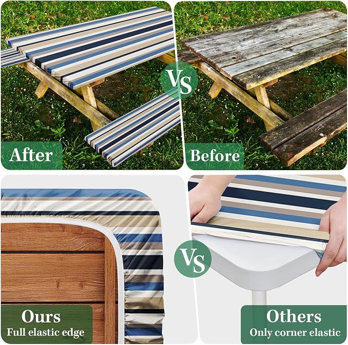 Picnic Table Cover with Bench Covers Elastic Edges, Brown Tripes Camper Fitted Table Cover, Outdoor Patio Camping Essentials 72 Inch 3PCS, Waterproof Camping Fitted Tablecloth with Drawstring Bag