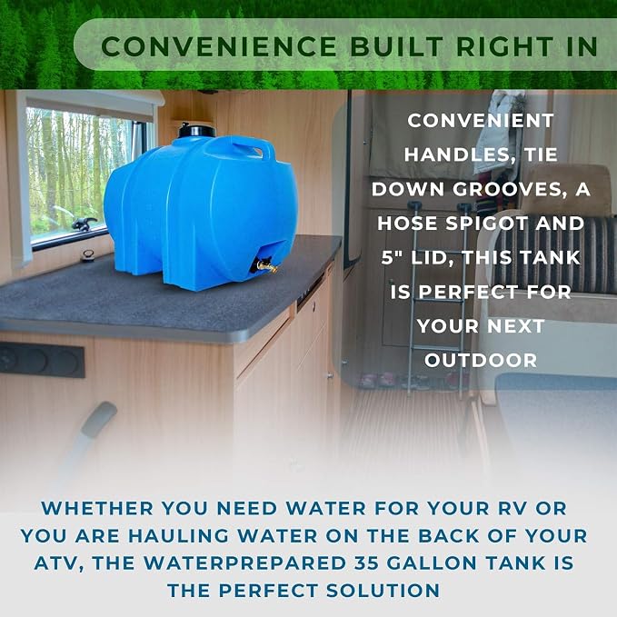WaterPrepared Portable Water Tank, Plastic Handle & Hose Spigot, 35 Gallon, Blue - Heavy-Duty Beverage and Hydration Dispenser for Outdoor and Camping Trip