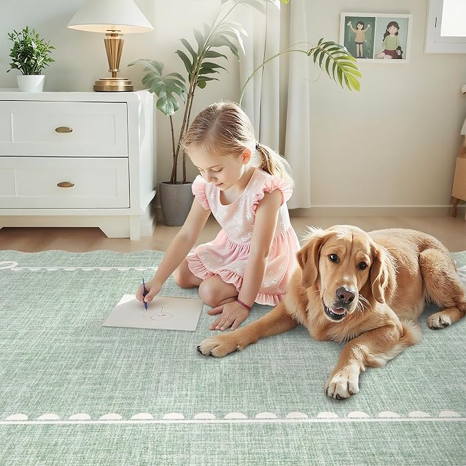 GarveeHome Scalloped Bow Rug 5x7 Washable Rugs for Living Room, Sage Green | Non Slip Soft Low Pile Indoor Carpet for Nursery Girls Bedroom Decor Hallway Kids Room College Dorm Playroom