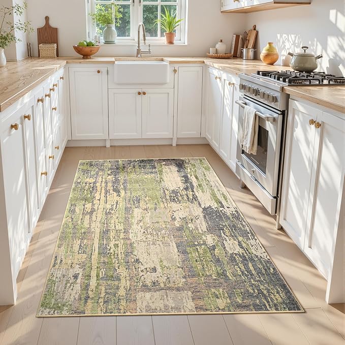 Toneed 4x6 Washable Non Slip Abstract Area Rugs for Bedroom Living Room | Soft Modern Low Pile Rug for Kitchen Hallway Office,Indoor Carpet for Kids Nursery Home Decor, Green