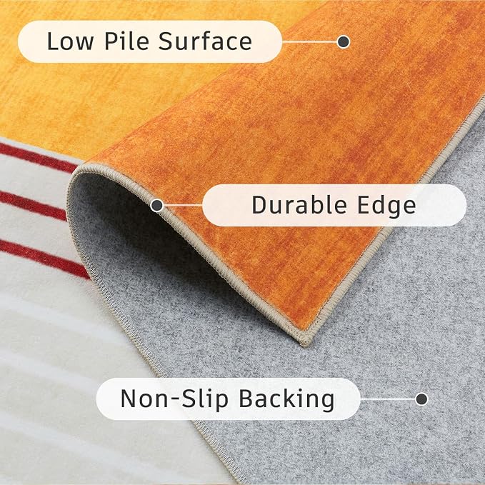 DCX Abstract Washable 2x3 Rug, Non Slip Low Pile Rug, Orange & Yellow | Rugs for entryway, bedroom, dining room, office, soft, mid century modern rug, sain resistant indoor carpet, home decor