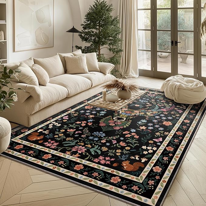 Area Rug Vintage Floral Deer Pattern 5x7 - Bohemian Forest Animal Carpet with Squirrel & Butterfly, Soft Decorative Area Rug for Living Room Bedroom Home Decor