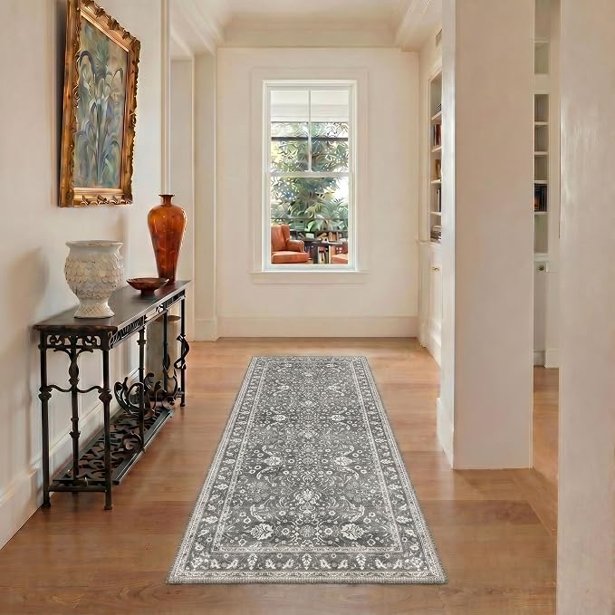 8X10 Living Room Area Rug, Boho Floral Washable Non Slip | Floral Vintage Rug for Bedroom Dining Room, Charcoal Gray Soft Low Pile Faux Wool, Stain Resistant Non-Shedding Pet-Friendly