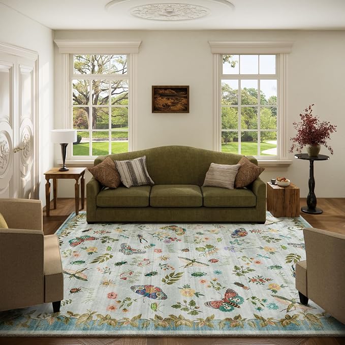 Machine Washable Rug for Living Room: 5x7 Area Rugs Vintage Rug Stain Resistant Non Slip Low Pile Soft Lightweight Carpets Rugs for Bedroom Kitchen Dining Room Nursery Kids Room Farmhouse Indoor