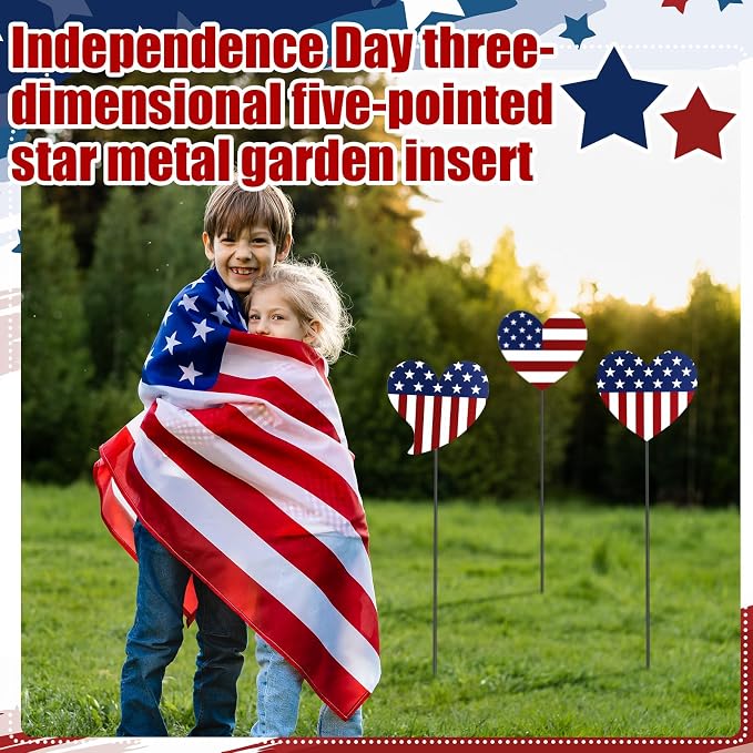Pickmesh 6 Pcs 12" H Patriotic Yard Decor 4th of July Outdoor Decor Red White Blue Heart Metal Garden Stake 250th Anniversary USA Flag American Yard Sign for Independence Day Garden Decoration