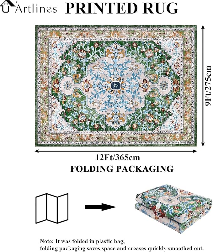 U'Artlines Boho Vintage Area Rug 9x12 Machine Washable Carpet, Green | Low Pile, Non Slip, Ultra-Thin Soft Floor Carpet, Accent Rug for Living Room Bedroom Dining Room Office