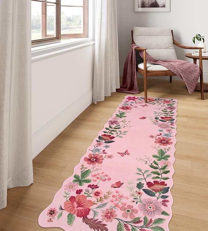 Lahome Floral Kitchen Runner, 2X6 Washable Runner Rug Non-Slip | Ultra-Thin Soft Hallway Rug Stain Resistant Boho Carpet for Bedroom Laundry Bathroom Flore, Pink