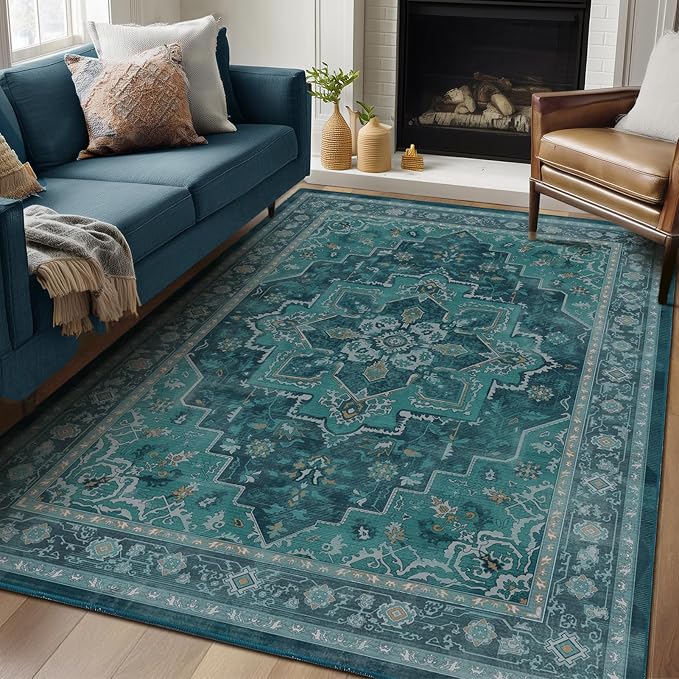 Teal 5x7 Area Rugs for Living Room, Vintage Medallion Classic Bedroom Rug Washable Non Slip, Boho Low Pile Thin Carpet Rugs for Dining Room/Kitchen/Home Office/Foyer