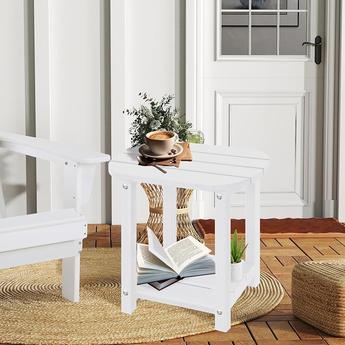 LZRS 2-Tier Patio Side Table, Heavy Duty HDPE Outdoor End Table with Wood Texture, Weatherproof Composite Table for Adirondack Chairs, Deck, Pool, Indoor/Outdoor, No Peeling Cracking(White)