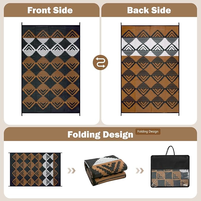 Lahome Outdoor Plastic Straw Rug, Reversible Outdoor Rug Waterproof 6x9 Patio Rugs, Camping Rugs for RV Backyard Deck Porch Picnic Beach Trailer (Black/Brown, 6' x 9')