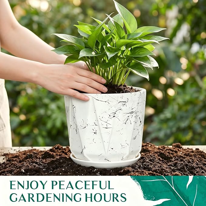 10 Inch Ceramic Plant Pot with Drainage Hole Mesh Net, Large Flower Pots for Indoor Plants with Saucer, Gardening Pots Outdoor (White Silk)