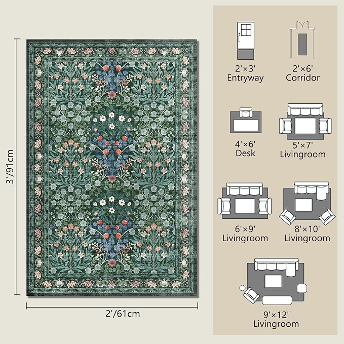 Floral Non-Slip Washable Entryway Rug, 2x3 Boho Forest Design Green, Soft Indoor Door Mat for Kitchen, Bedroom & Bathroom, Ultra-Thin Easy Clean Small Throw Carpet