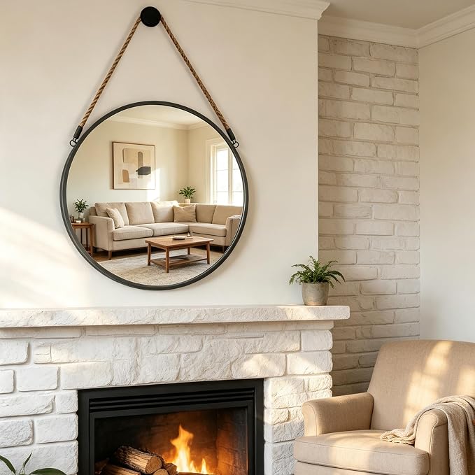 POZINO 24 Inch Round Mirror with Grey Metal Frame, Hanging Mirror for Wall | Circle HD Mirror with Jute Rope, Anti-Rust, Farmhouse Decorative Wall Mirror for Entryway, Living Room, Fireplace, Bathroom