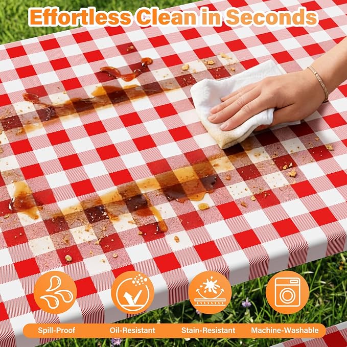 HappyTrends Fitted Picnic Table Cover with Bench Covers - 6FT Dual Layer Waterproof Camping Tablecloth with Windproof Elastic Edging & Bag, Washable RV Camping Essentials (96x30in, Red & White)