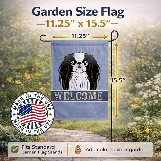 Caroline's Treasures BB1416GF Japanese Chin Welcome Garden Flag, Blue Mailbox Flag Decorative Yard Flag Banner Outside Patio Artwork Yard Flower Beds, Garden Size, Multicolor