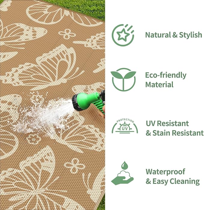 GENIMO Outdoor Rug 6' x 9' Waterproof for Patio Clearance, Reversible Plastic Straw Camping Carpet, Lightweight Mats for Rv, Camper, Deck, Porch, Picnic, Beach, Balcony,Light Brown & Beige