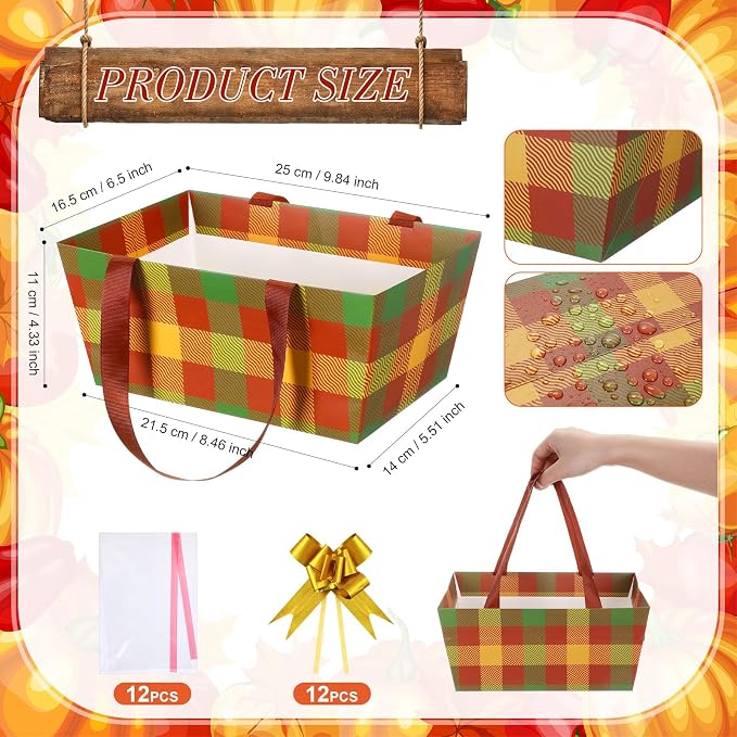 Qinyoung 12 Pcs Thanksgiving Basket for Gifts Empty 9.8 x 6.5'' Fall Plaid Gift Basket Empty to Fill with Handles, Bows, Plastic Bags and Twist Ties for Autumn Thanksgiving Party Favor Supplies