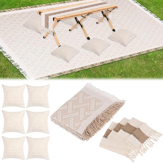Foxtell 5.9x7.5ft Extra Large Outdoor Boho Picnic Blanket with White Table Runner & 6 Pillow Covers, Machine Washable Picnic Blankets Outdoor Blanket for Summer Picnic Camp Beach Wedding