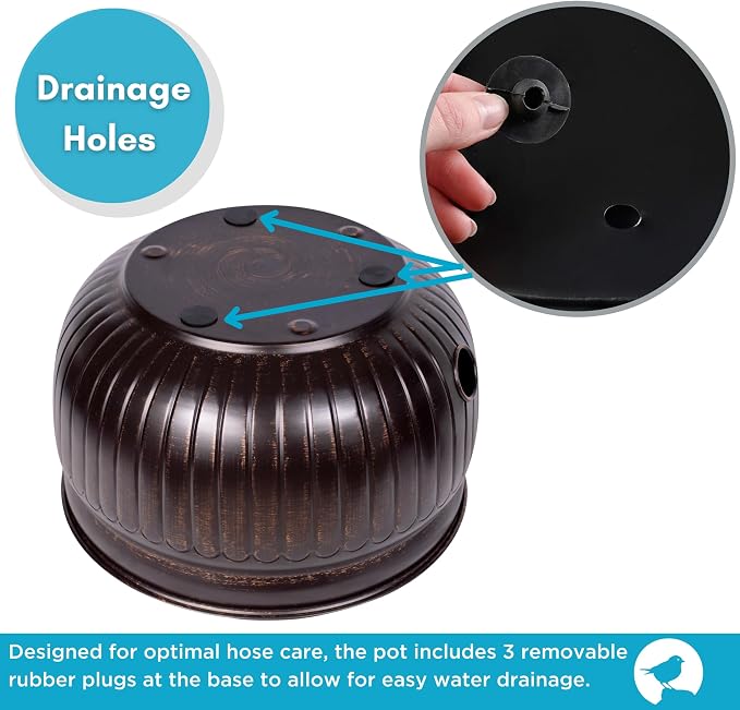 BIRDROCK HOME Water Hose Holder - Decorative Metal Pot, Indoor or Outdoor, Garden Storage Organizer, Patio Portable Bucket - Distressed Bronze, Holds up to 100ft Hoses, Medium No Lid