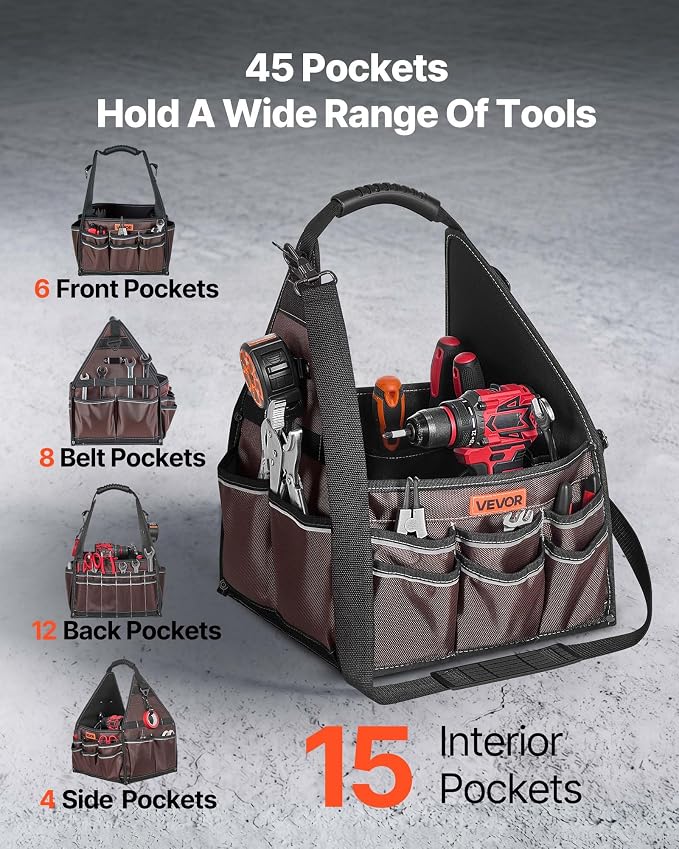 VEVOR Tool Bag, 13 Inch, 45-Pocket Open Top Tool Tote, Electrical Maintenance Toolbox Organizer Storage with Handle, Adjustable Shoulder Strap, Portable Toolbag, for Professionals DIY & Jobsite Use