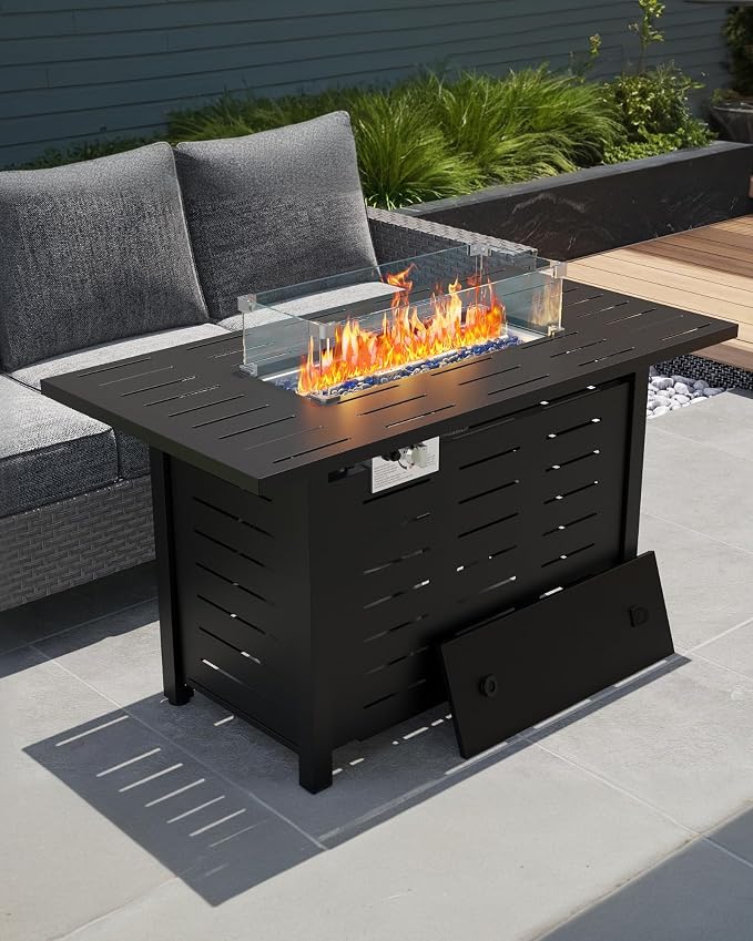 Hipicute 44" Outdoor Propane Fire Pit Table, 48,000 Btu Lp Gas Rectangular Fire Table with Ignition Systems and Lid,Outdoor Firetable with Glass Rocks for Patio Deck Garden Backyard