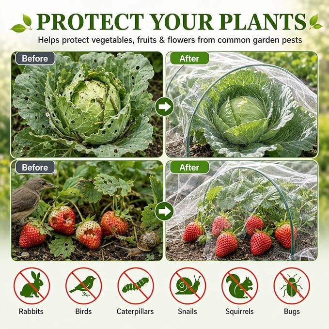 HOOPLE Garden Netting 10 FT x 50 FT, Ultra-Fine Mesh Plant Cover, Bug Netting for Garden, Insect Pest Barrier Row Cover for Vegetables, Fruits & Raised Beds, Lightweight Breathable Garden Mesh Netting