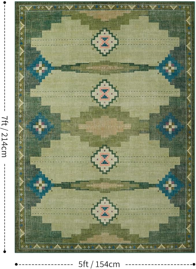 YIHOUSE 5’x7’ Washable Green Mid Century Modern Area Rug for Living Room | Non-Slip, Soft, Low Pile, Funky Retro Aztec Rug for Bedroom Dining Room Playroom, Green