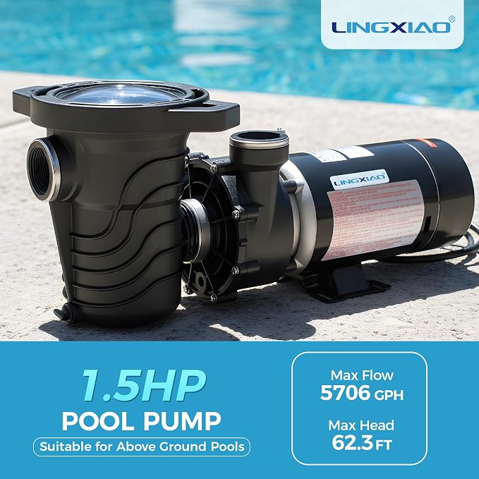 1.5 HP Above Ground Pool Pump 5706GPH 115V High-Efficiency | Single Speed, Low-Noise, UL Certified, Stainless Steel Shaft & Reinforced Thermoplastic, 1.5" Fittings, 2 Year Warranty