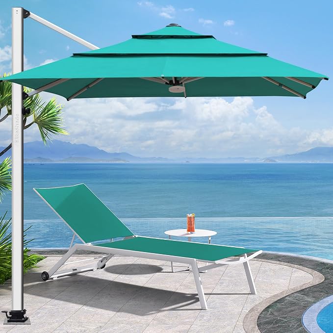 EliteShade USA APOLLO 3-Tier 10x10FT Full Aluminum Cantilever Patio Umbrella for Outdoor Restaurant Garden Courtyard Deck Pool and Marketing with Light (No battery), Teal